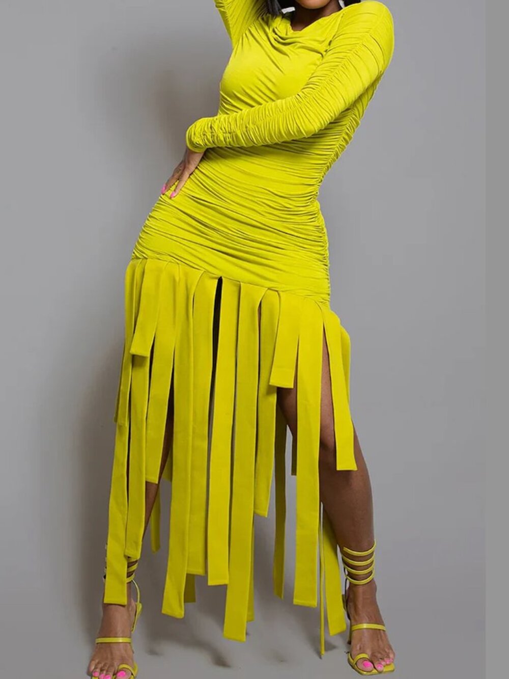 Neon Ruched Long Sleeve Stretch Bodycon Dress with Streamers